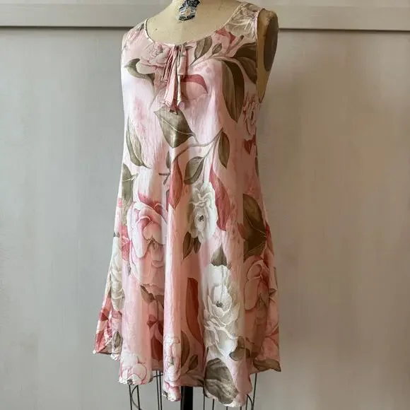 Vtg 90s SILX by August Silk 100% Silk Pink Rose Floral Mini Dress - Picture 2 of 4